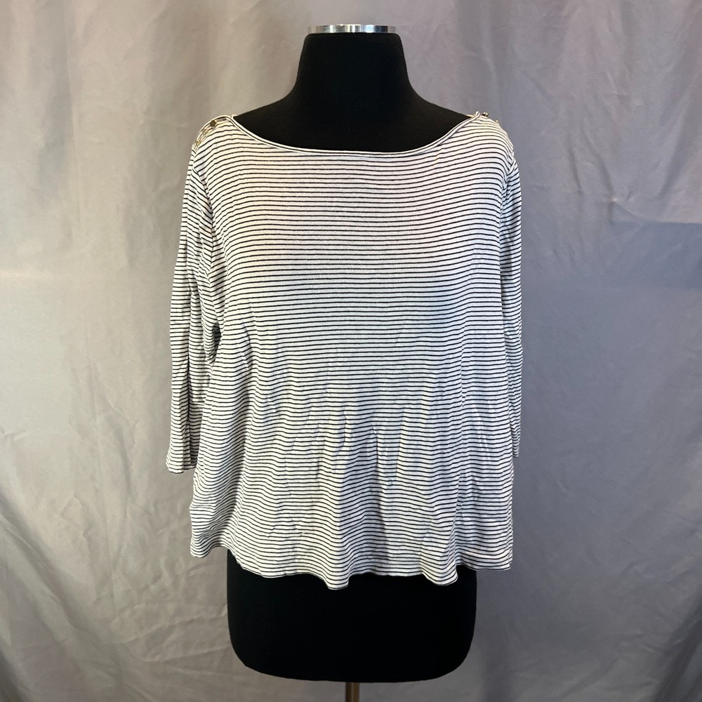 Ann Taylor Blouse Top Womens XL White Black Striped Cotton Boat Neck 3/4 Sleeve